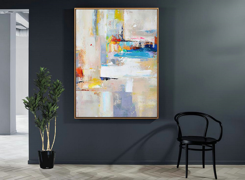 Large Abstract Art,Vertical Palette Knife Contemporary Art,Acrylic Painting On Canvas,Beige,White,Blue,Red,Yellow,Pink.etc